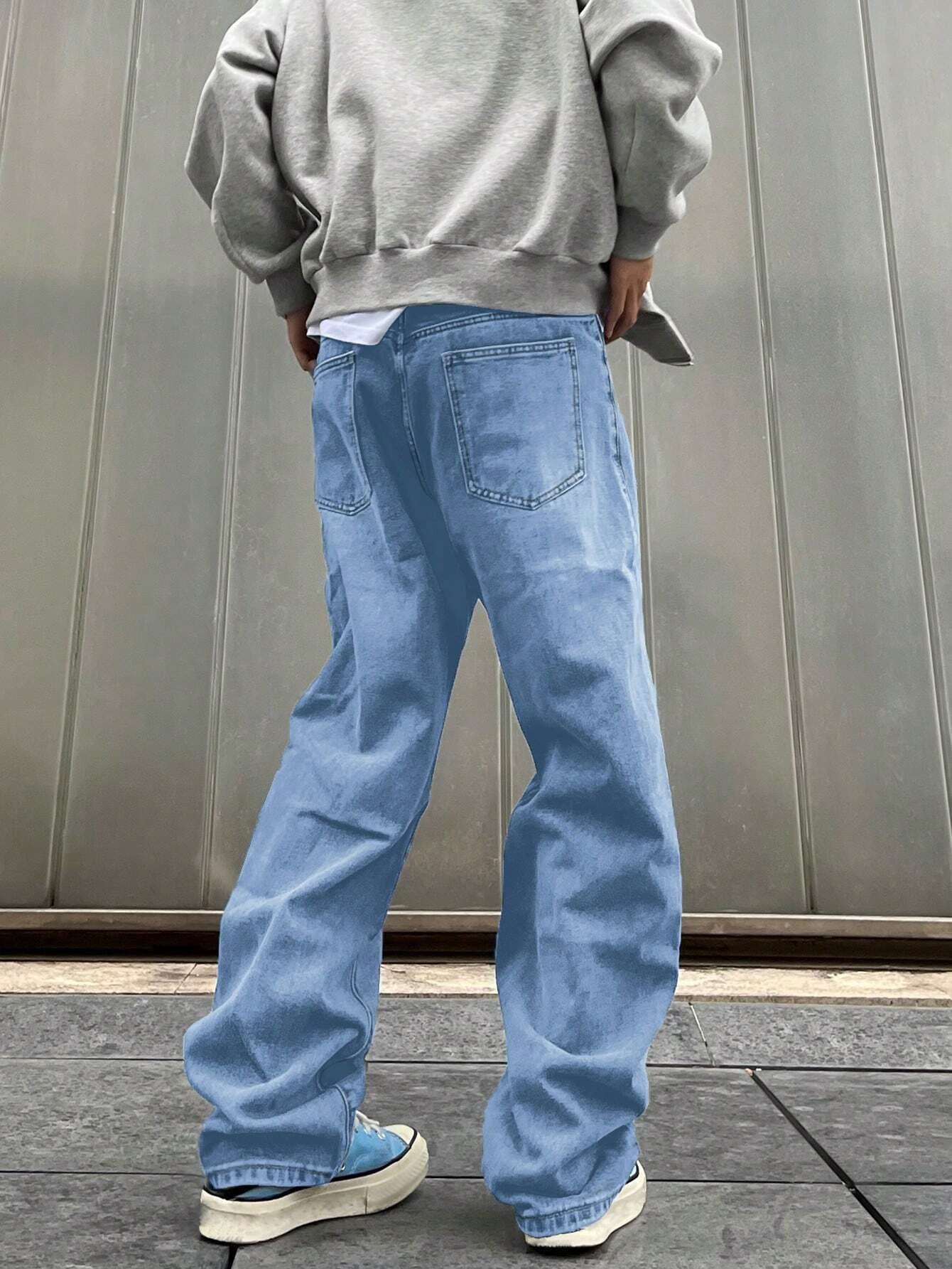 Manfinity EMRG Men Casual Loose Straight Jeans with Washed Denim, Baggy Jeans, Blue Baggy Jeans, Loose Jeans