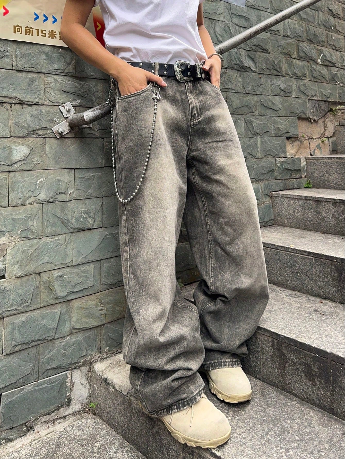 Manfinity EMRG Men'S Casual Washed Distressed Wide Leg Jeans Baggy Jeans Men