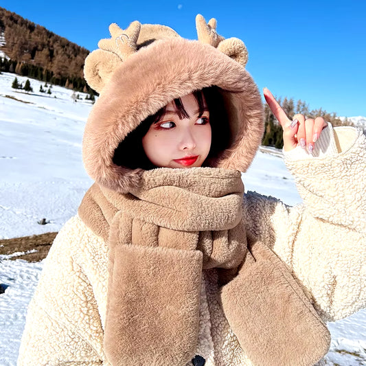Dragon Horn Bear Hat Scarf One Female Winter Adult Gloves Cycling Thick Dragon Treasure 3-In-1 Small Antler Hat