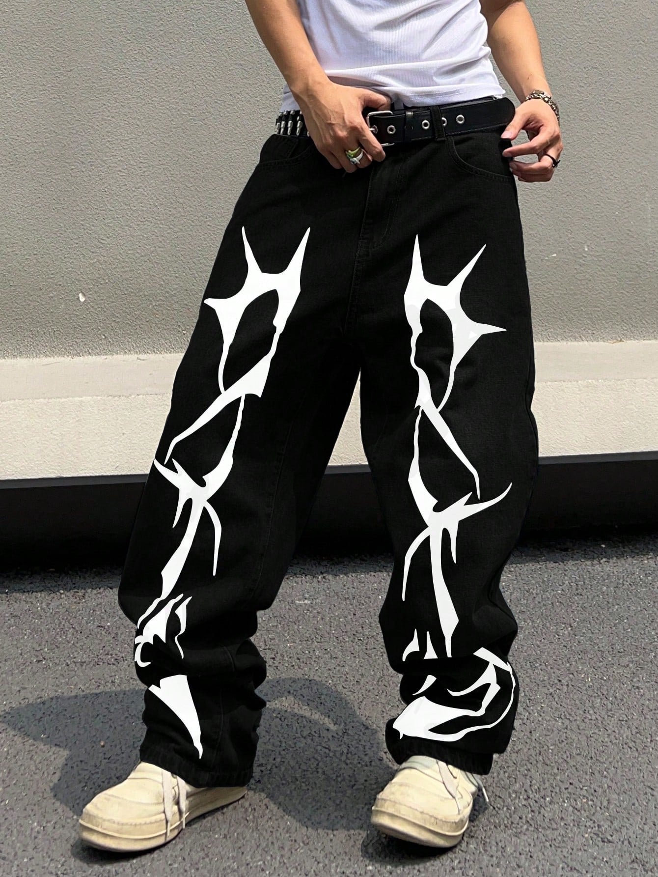 Manfinity EMRG Men'S Pattern Printed Jeans, Graphic Baggy Jeans Men, Men Graphic Pants, Streetwear Pants