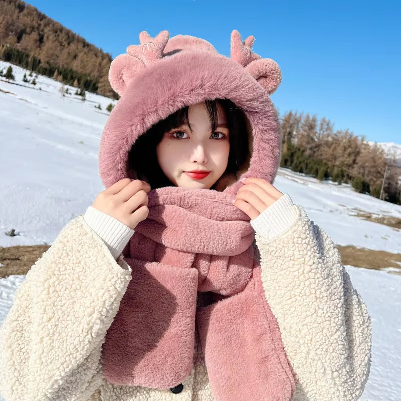 Dragon Horn Bear Hat Scarf One Female Winter Adult Gloves Cycling Thick Dragon Treasure 3-In-1 Small Antler Hat