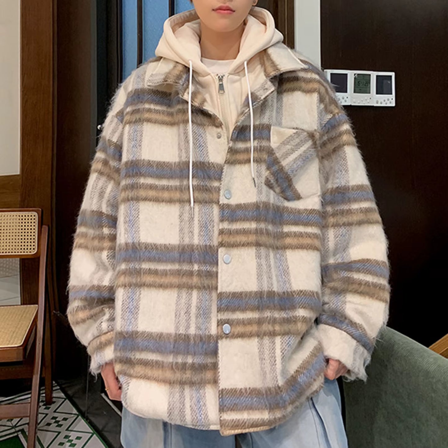 Red Black Hooded Plaid Western Cowboy Winter Shirt Jacket for Men Fleece Linend Flannel Casual Warm Checkered Shirt Male