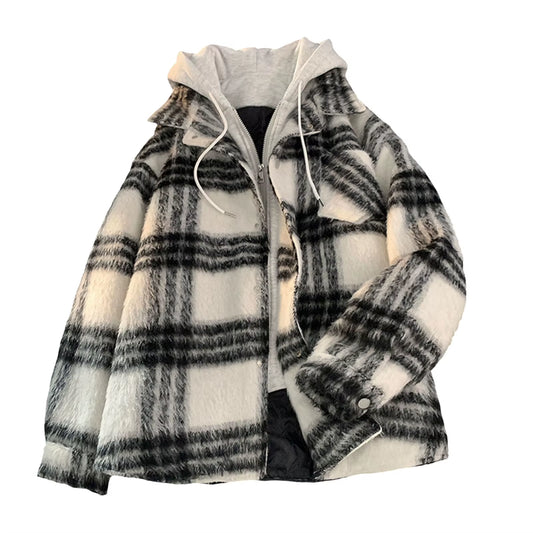 Red Black Hooded Plaid Western Cowboy Winter Shirt Jacket for Men Fleece Linend Flannel Casual Warm Checkered Shirt Male