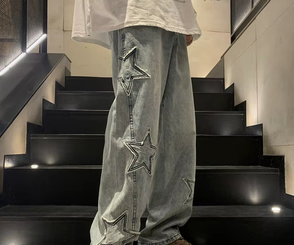 New Fashion Five-Pointed Star Jeans Men High-Waisted Vintage Streetwear Men Pants Baggy Winter Wide-Leg Jeans Denim Men Clothing