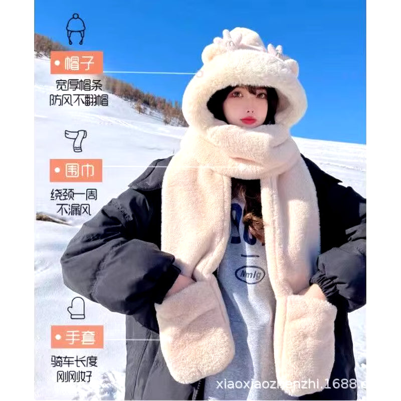 Dragon Horn Bear Hat Scarf One Female Winter Adult Gloves Cycling Thick Dragon Treasure 3-In-1 Small Antler Hat