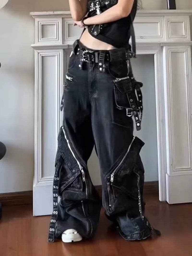 Black Gothic Punk Multi-Pocket Zipper Black Jeans Men and Women Y2K American Baggy Fashion Vintage Casual Loose Wide-Leg Jeans