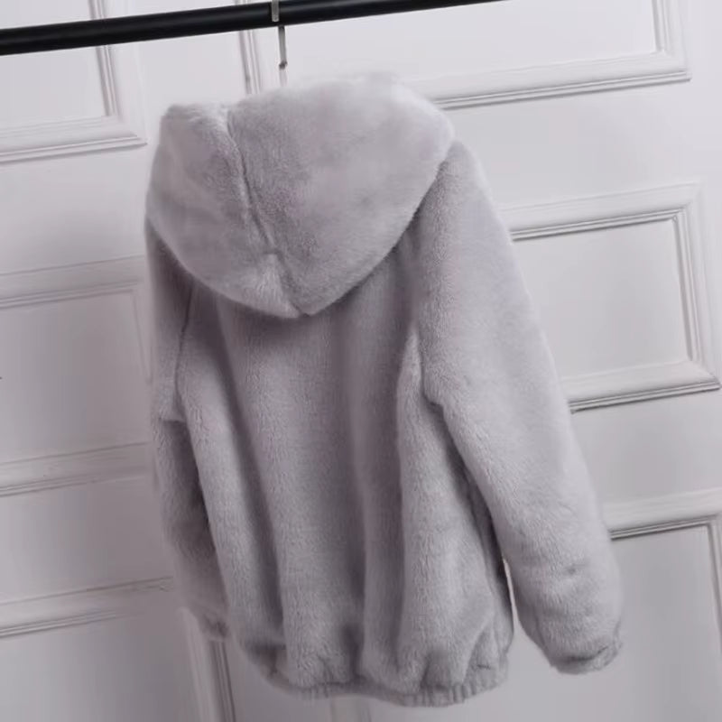 2025 Faux Fur Coat with Hood High Fashion Slim Waist Black Red Pink Faux Fake Fur Jacket Rabbit Fur