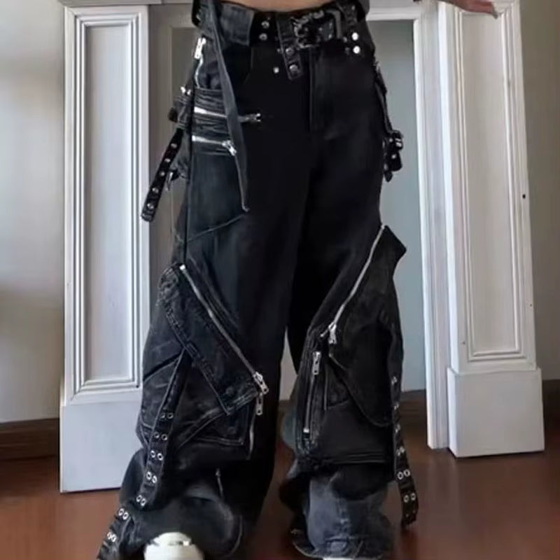 Black Gothic Punk Multi-Pocket Zipper Black Jeans Men and Women Y2K American Baggy Fashion Vintage Casual Loose Wide-Leg Jeans