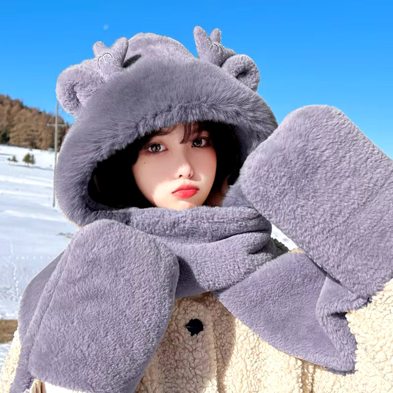 Dragon Horn Bear Hat Scarf One Female Winter Adult Gloves Cycling Thick Dragon Treasure 3-In-1 Small Antler Hat