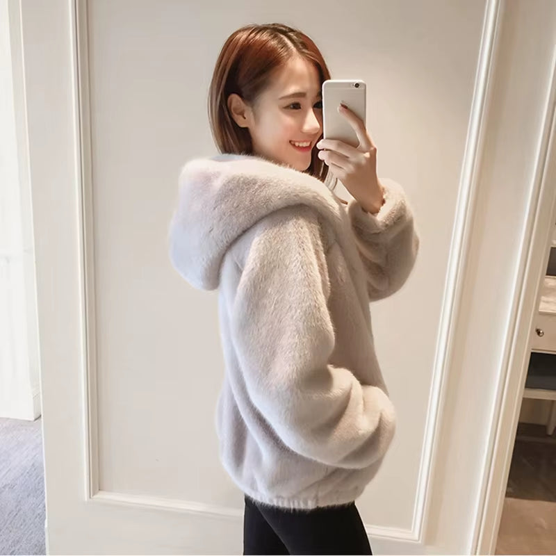 2025 Faux Fur Coat with Hood High Fashion Slim Waist Black Red Pink Faux Fake Fur Jacket Rabbit Fur