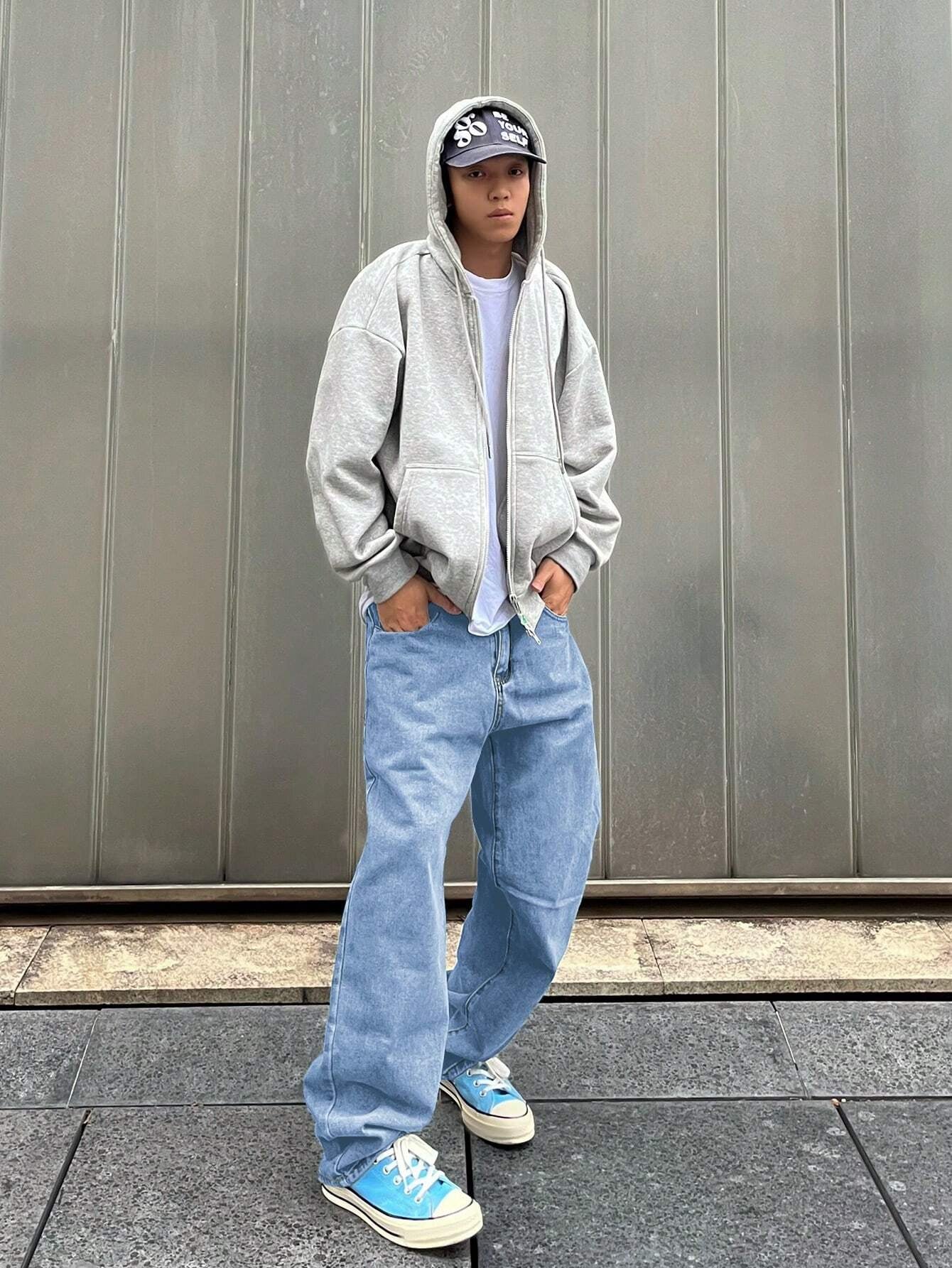 Manfinity EMRG Men Casual Loose Straight Jeans with Washed Denim, Baggy Jeans, Blue Baggy Jeans, Loose Jeans