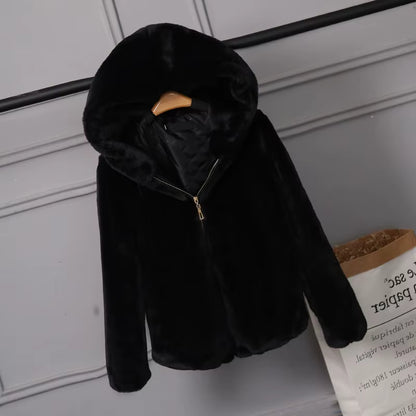 2025 Faux Fur Coat with Hood High Fashion Slim Waist Black Red Pink Faux Fake Fur Jacket Rabbit Fur