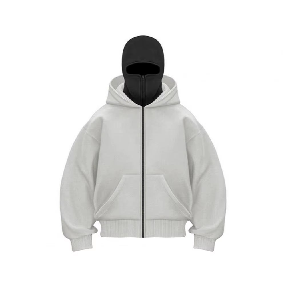 Unisex Balaclava Hoodie Warm Loose Hooded Jacket Zip-Up Casual Jacket with Face Mask for Autumn Winter Outdoor Sports Streetwear