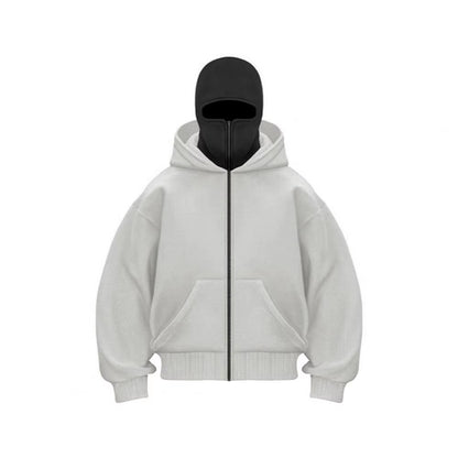 Unisex Balaclava Hoodie Warm Loose Hooded Jacket Zip-Up Casual Jacket with Face Mask for Autumn Winter Outdoor Sports Streetwear