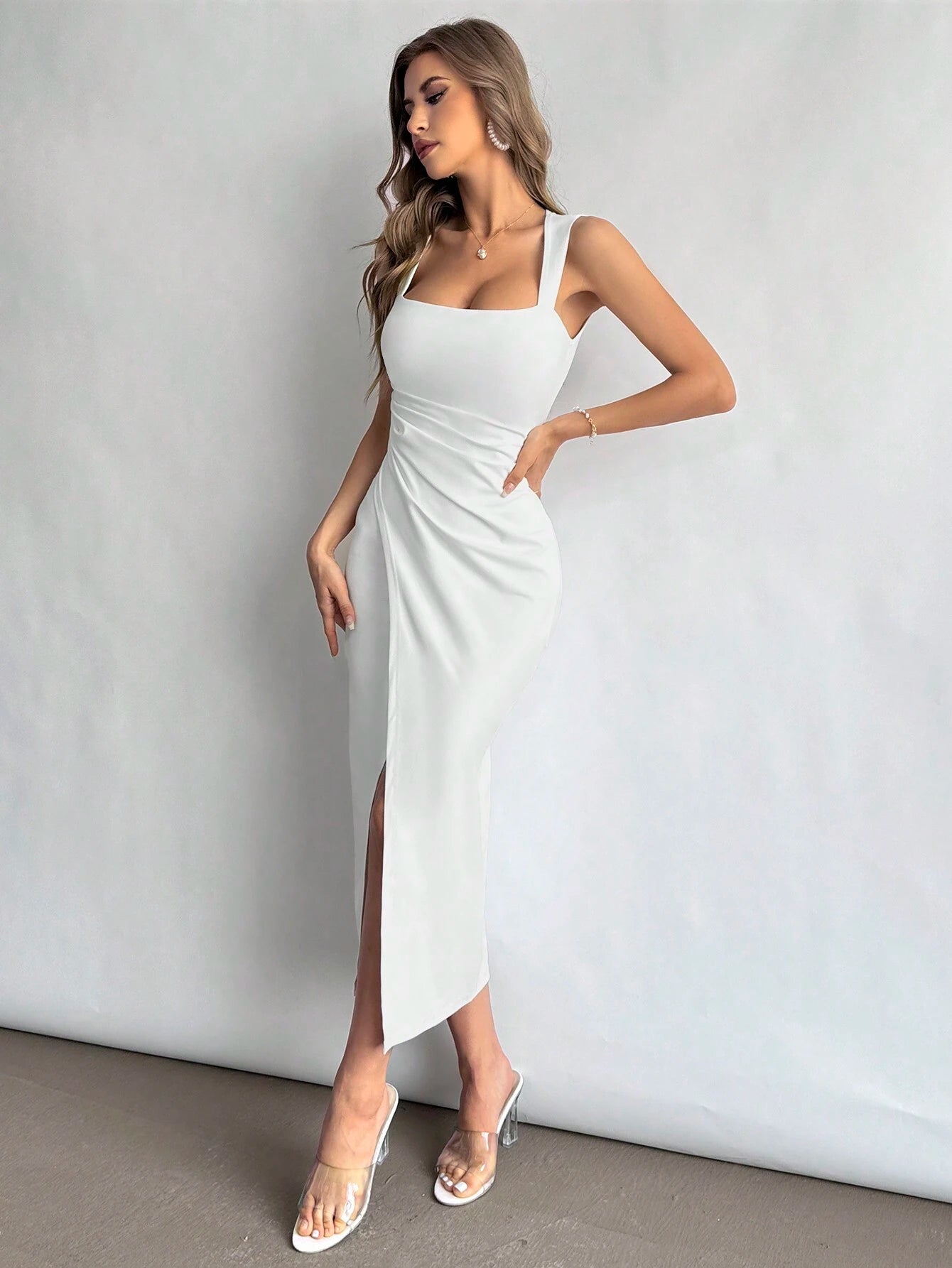Firerie Women Square Neckline Ruched Waist Slit Dress, Elegant & Suitable for Vacation, Daily Wear or Wedding Season,Summer Dresses for Women,Tea Party Dress,White Graduation Dress