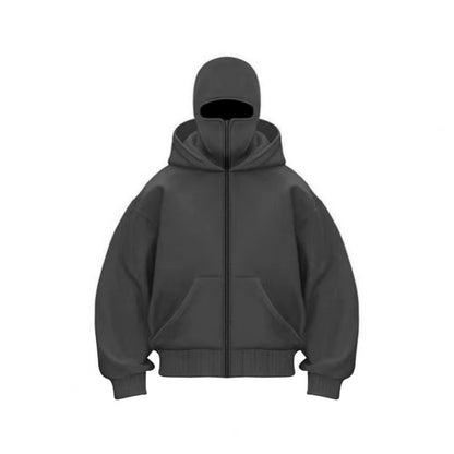 Unisex Balaclava Hoodie Warm Loose Hooded Jacket Zip-Up Casual Jacket with Face Mask for Autumn Winter Outdoor Sports Streetwear