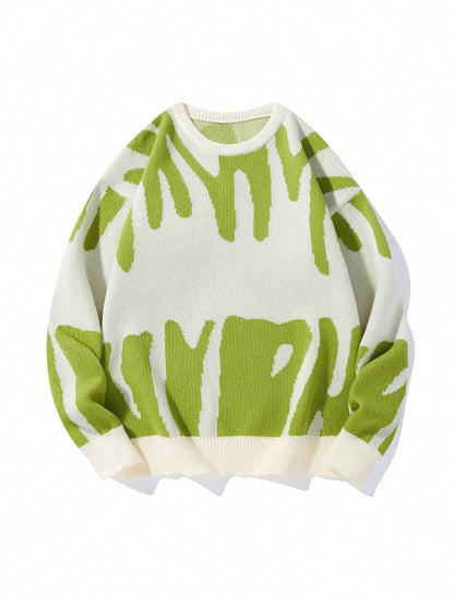 Manfinity Hypemode Men Casual Contrast Color Pattern Knitted Sweater, Autumn/Winter, Graphic Sweaters, Sweater Graphic, Men Sweaters, Men Graphic Sweaters, Green Graphic Sweater