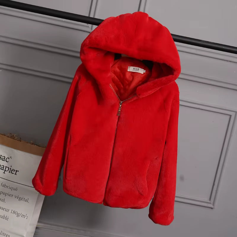 2025 Faux Fur Coat with Hood High Fashion Slim Waist Black Red Pink Faux Fake Fur Jacket Rabbit Fur