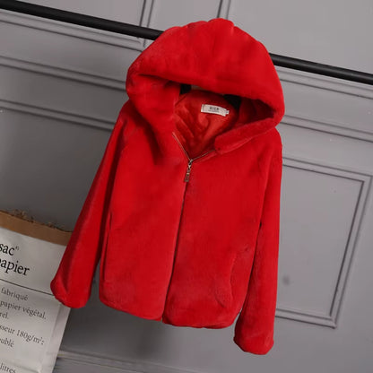 2025 Faux Fur Coat with Hood High Fashion Slim Waist Black Red Pink Faux Fake Fur Jacket Rabbit Fur