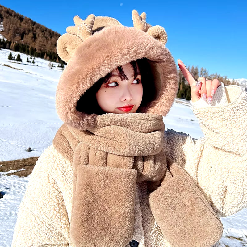 Dragon Horn Bear Hat Scarf One Female Winter Adult Gloves Cycling Thick Dragon Treasure 3-In-1 Small Antler Hat
