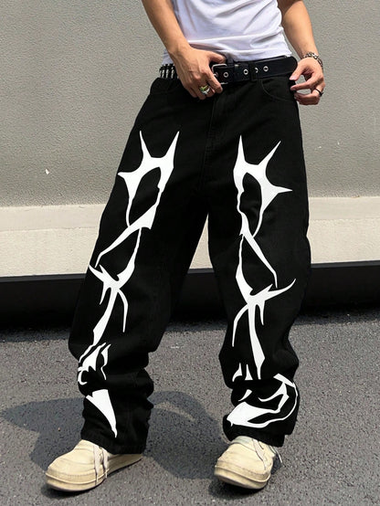 Manfinity EMRG Men'S Pattern Printed Jeans, Graphic Baggy Jeans Men, Men Graphic Pants, Streetwear Pants