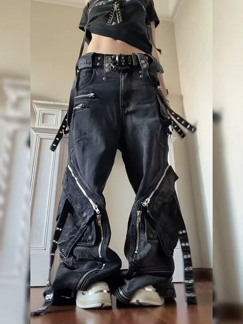 Black Gothic Punk Multi-Pocket Zipper Black Jeans Men and Women Y2K American Baggy Fashion Vintage Casual Loose Wide-Leg Jeans