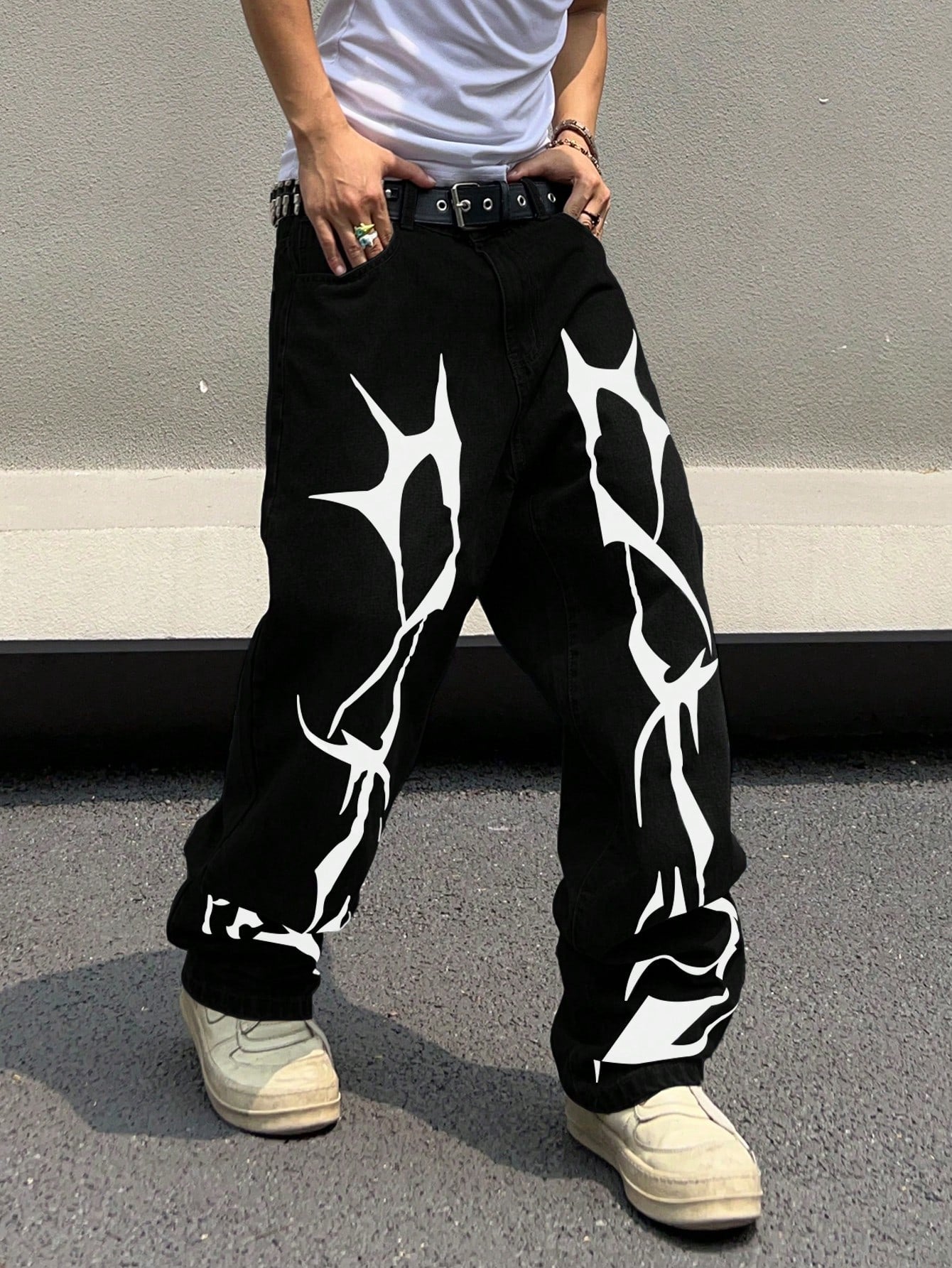 Manfinity EMRG Men'S Pattern Printed Jeans, Graphic Baggy Jeans Men, Men Graphic Pants, Streetwear Pants