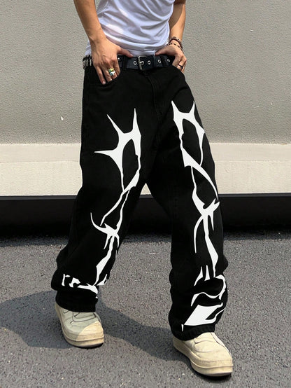 Manfinity EMRG Men'S Pattern Printed Jeans, Graphic Baggy Jeans Men, Men Graphic Pants, Streetwear Pants