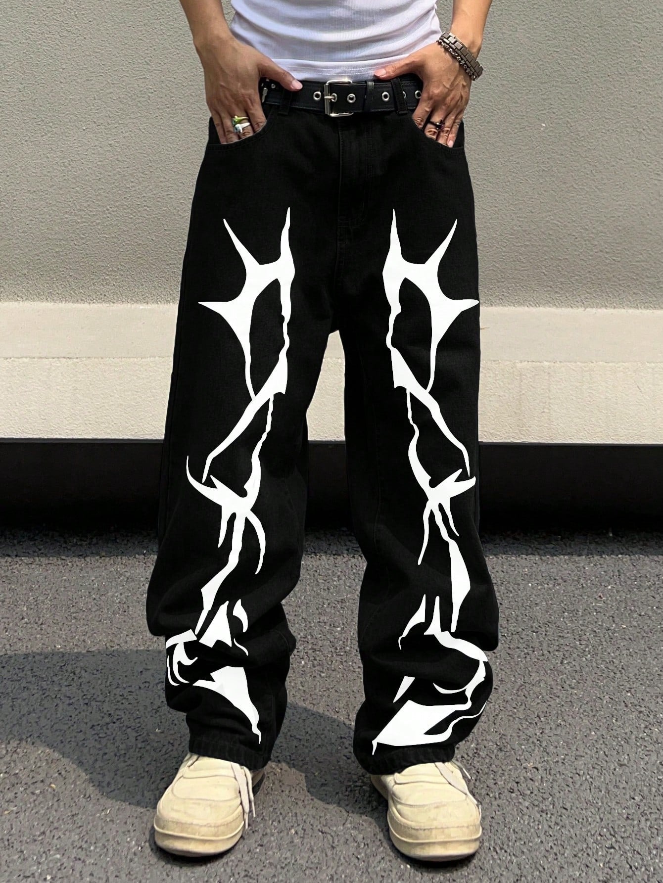 Manfinity EMRG Men'S Pattern Printed Jeans, Graphic Baggy Jeans Men, Men Graphic Pants, Streetwear Pants