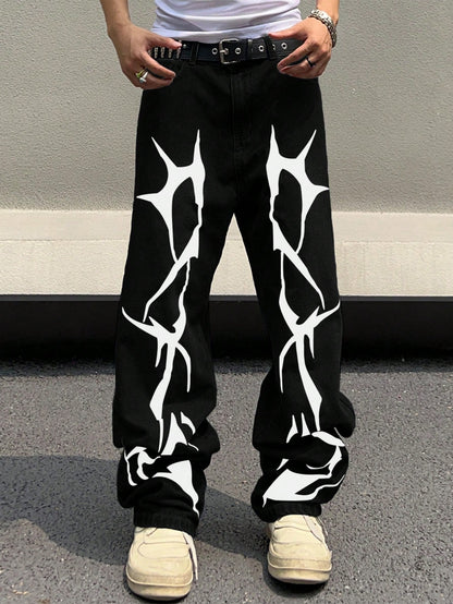 Manfinity EMRG Men'S Pattern Printed Jeans, Graphic Baggy Jeans Men, Men Graphic Pants, Streetwear Pants