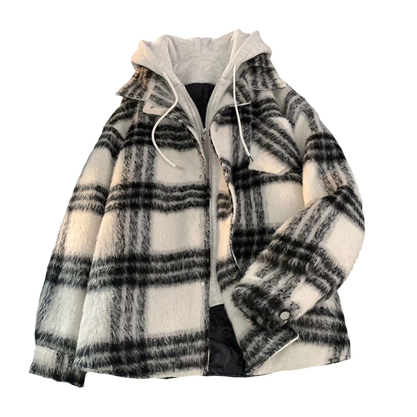 Red Black Hooded Plaid Western Cowboy Winter Shirt Jacket for Men Fleece Linend Flannel Casual Warm Checkered Shirt Male