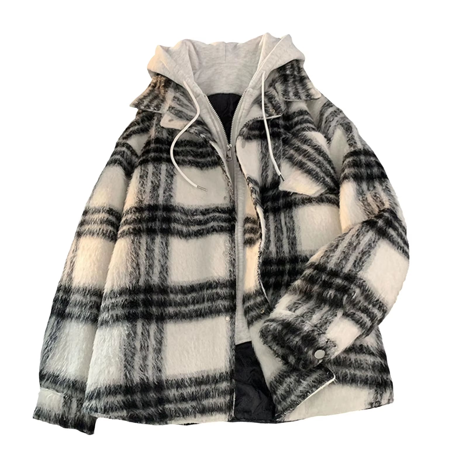 Red Black Hooded Plaid Western Cowboy Winter Shirt Jacket for Men Fleece Linend Flannel Casual Warm Checkered Shirt Male