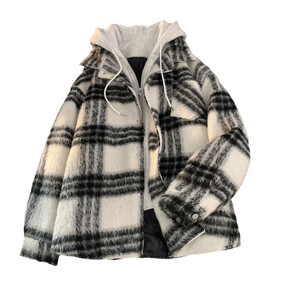 Red Black Hooded Plaid Western Cowboy Winter Shirt Jacket for Men Fleece Linend Flannel Casual Warm Checkered Shirt Male