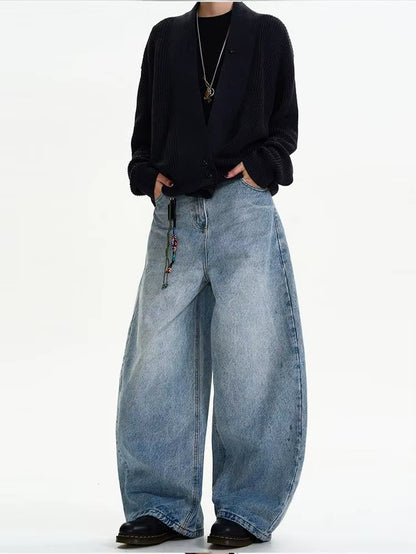 Classic American Waed Light Blue Men'S and Women'S Loose Vintage Silhouette Casual Wide Leg Long Jeans Knife