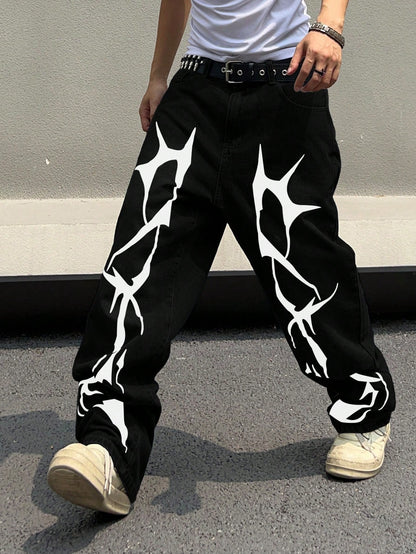 Manfinity EMRG Men'S Pattern Printed Jeans, Graphic Baggy Jeans Men, Men Graphic Pants, Streetwear Pants