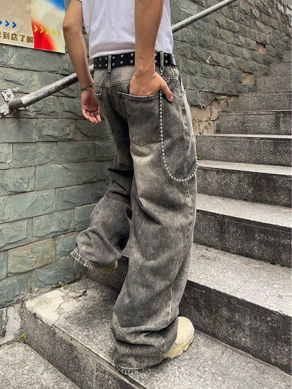 Manfinity EMRG Men'S Casual Washed Distressed Wide Leg Jeans Baggy Jeans Men