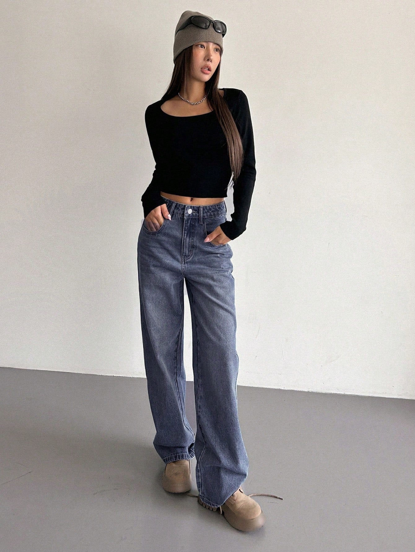 DAZY Slant Pocket Wide Leg Jeans,Baggy Jeans