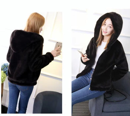 2025 Faux Fur Coat with Hood High Fashion Slim Waist Black Red Pink Faux Fake Fur Jacket Rabbit Fur