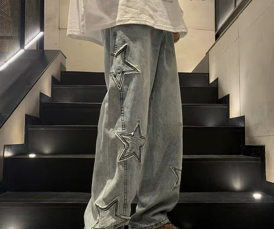 New Fashion Five-Pointed Star Jeans Men High-Waisted Vintage Streetwear Men Pants Baggy Winter Wide-Leg Jeans Denim Men Clothing