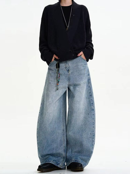 Classic American Waed Light Blue Men'S and Women'S Loose Vintage Silhouette Casual Wide Leg Long Jeans Knife