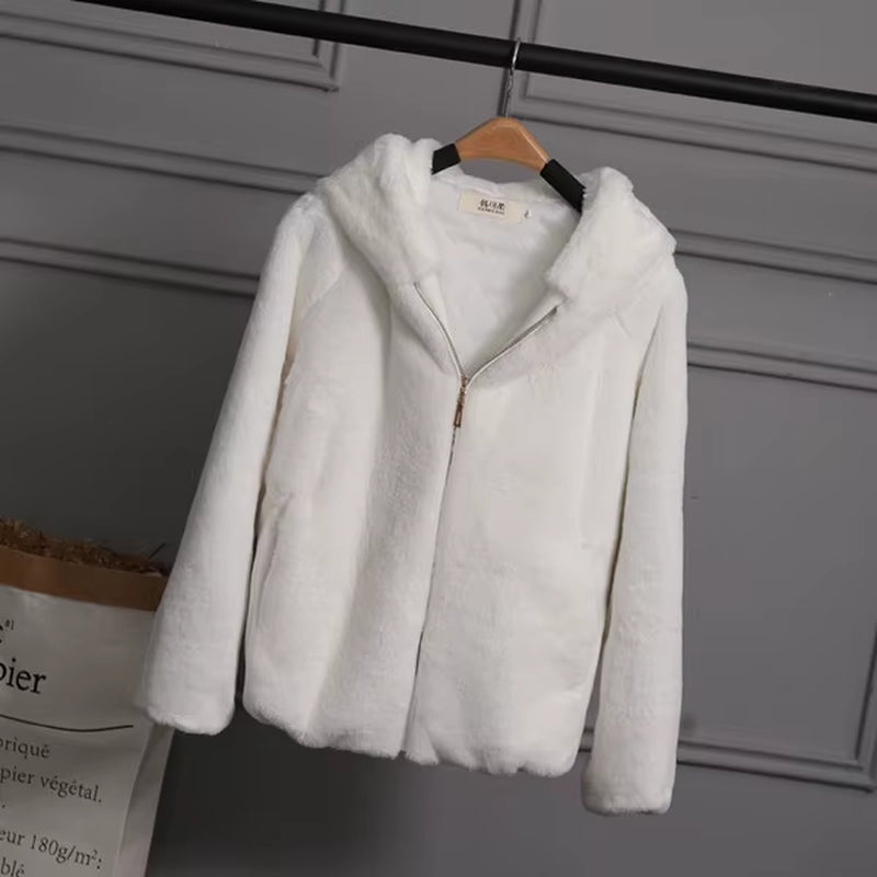 2025 Faux Fur Coat with Hood High Fashion Slim Waist Black Red Pink Faux Fake Fur Jacket Rabbit Fur