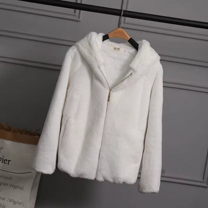 2025 Faux Fur Coat with Hood High Fashion Slim Waist Black Red Pink Faux Fake Fur Jacket Rabbit Fur