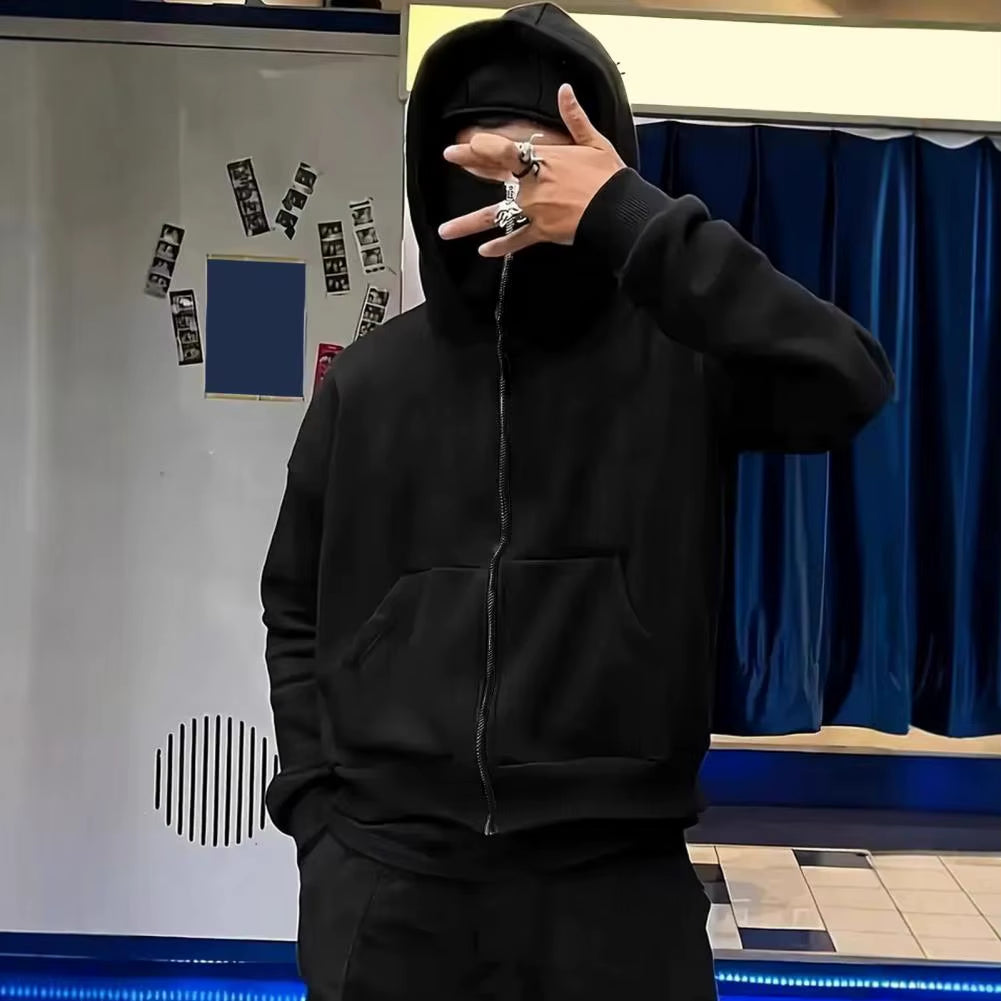 Unisex Balaclava Hoodie Warm Loose Hooded Jacket Zip-Up Casual Jacket with Face Mask for Autumn Winter Outdoor Sports Streetwear