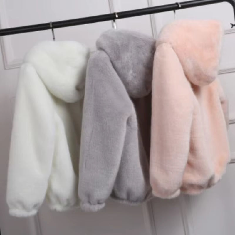 2025 Faux Fur Coat with Hood High Fashion Slim Waist Black Red Pink Faux Fake Fur Jacket Rabbit Fur