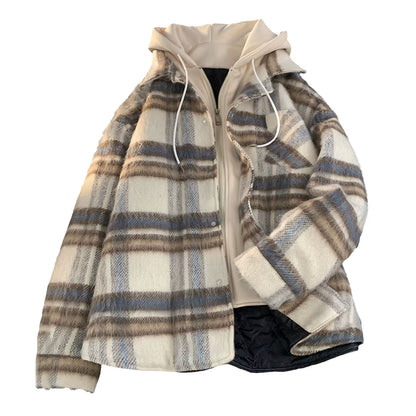 Red Black Hooded Plaid Western Cowboy Winter Shirt Jacket for Men Fleece Linend Flannel Casual Warm Checkered Shirt Male