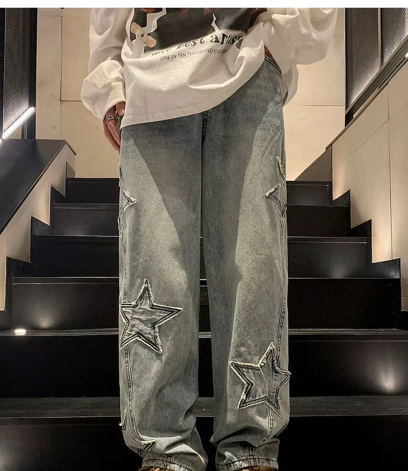 New Fashion Five-Pointed Star Jeans Men High-Waisted Vintage Streetwear Men Pants Baggy Winter Wide-Leg Jeans Denim Men Clothing