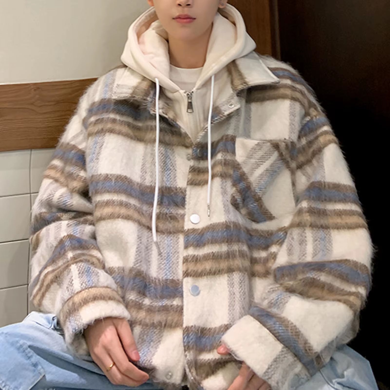 Red Black Hooded Plaid Western Cowboy Winter Shirt Jacket for Men Fleece Linend Flannel Casual Warm Checkered Shirt Male