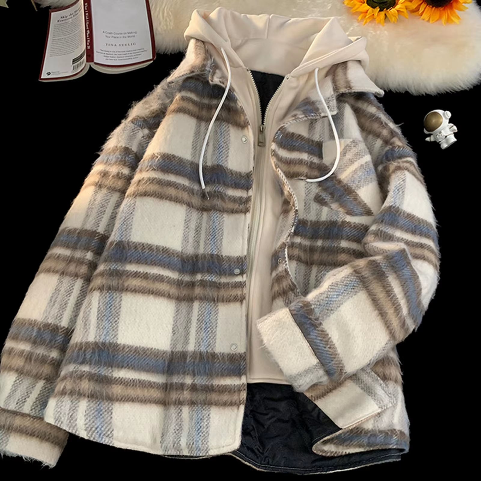 Red Black Hooded Plaid Western Cowboy Winter Shirt Jacket for Men Fleece Linend Flannel Casual Warm Checkered Shirt Male