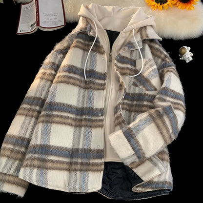 Red Black Hooded Plaid Western Cowboy Winter Shirt Jacket for Men Fleece Linend Flannel Casual Warm Checkered Shirt Male