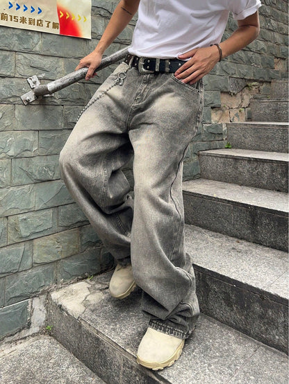 Manfinity EMRG Men'S Casual Washed Distressed Wide Leg Jeans Baggy Jeans Men